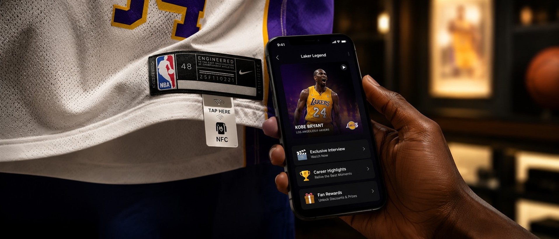 Hand holding a smartphone scanning an NFC-enabled NBA jersey hem to unlock digital athlete content and rewards Hand holding a smartphone scanning an NFC-enabled NBA jersey hem to unlock digital athlete content and rewards