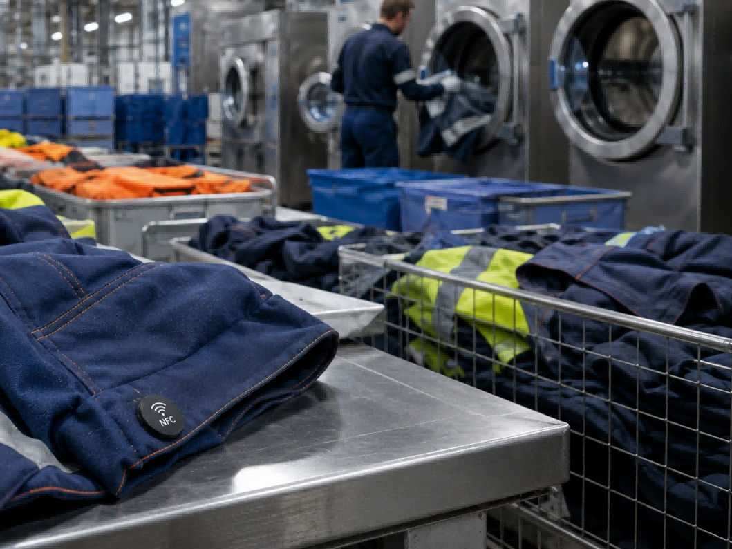 Industrial laundry facility with workwear garments being processed, showcasing the environment where durable PPS NFC disc tags are tested for longevity Industrial laundry facility with workwear garments being processed, showcasing the environment where durable PPS NFC disc tags are tested for longevity